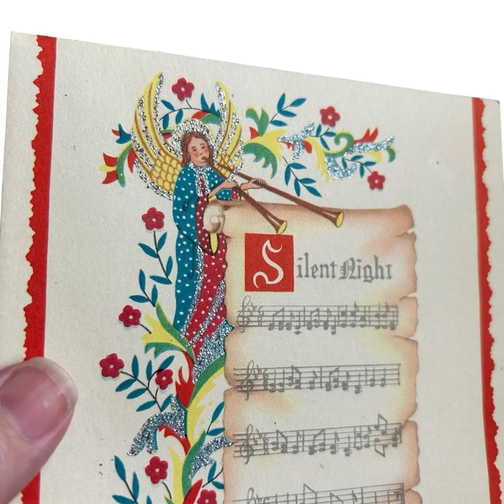 Vintage 40s 50s Rynart Christmas Card Silent Night Scroll Angel Retro Ephemera